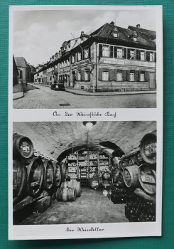 AK Erlangen / 1940-1950er Jahre / 2-Bild Karte / Weinstube Kach / Weinhandlung Weinkeller Fässer Flaschen / Strassenansicht